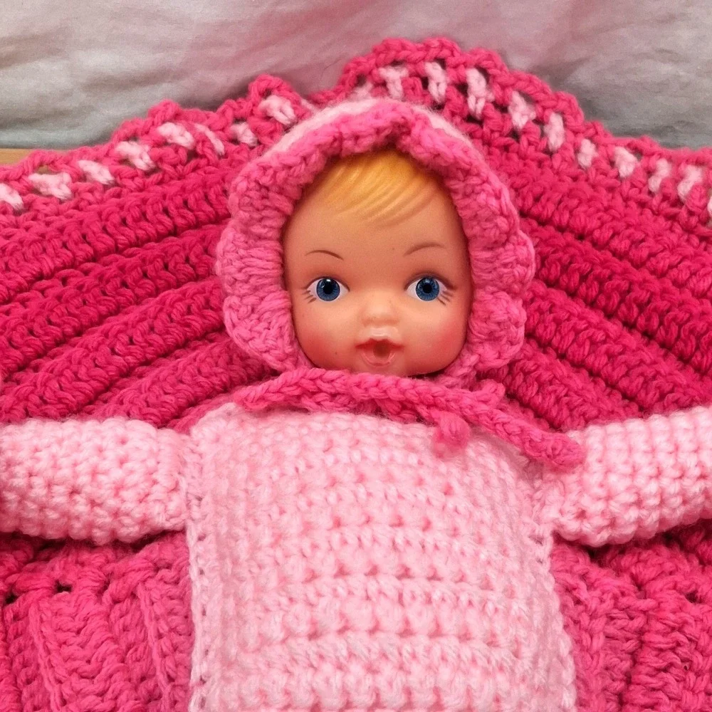 Vintage Crocheted Baby Doll In Blanket Pink and White Rubber Face Hands Granny